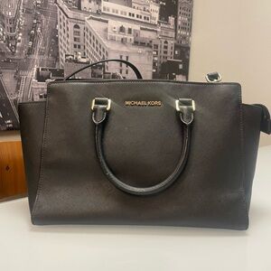 Michael Kors Black Saffiano Leather Satchel with Gold Hardware
